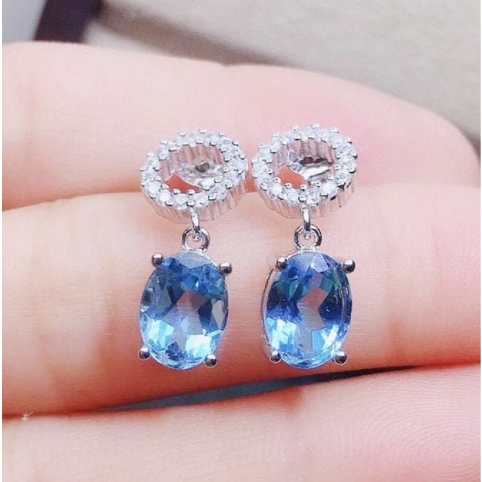 Natural Blue Topaz Drop Earrings, 925 Sterling Silver, Drop Earrings, Blue Topaz Earrings, Luxury Earrings, Oval Cut Stone Earrings | Save 33% - Rajasthan Living 5