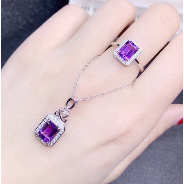 Natural Amethyst Jewellery Set , Engagement Pendent, Silver Amethyst Pendent, Woman Ring, Luxury Pendent, Emerald Cut Stone Pendent | Save 33% - Rajasthan Living 11