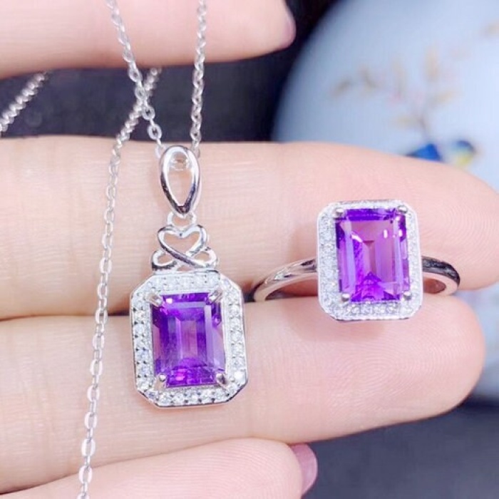 Natural Amethyst Jewellery Set , Engagement Pendent, Silver Amethyst Pendent, Woman Ring, Luxury Pendent, Emerald Cut Stone Pendent | Save 33% - Rajasthan Living 6