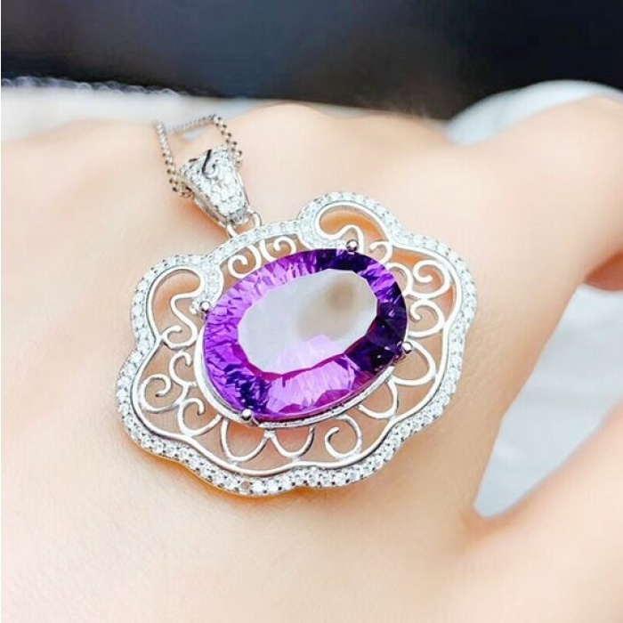 Natural Amethyst Pendant, Engagement Pendent, Silver Amethyst Pendent, Woman Pendant, Pendant Necklace, Luxury Pendent, Oval Cut Stone | Save 33% - Rajasthan Living 11