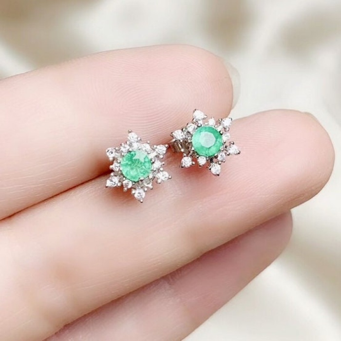 Natural Emerald Studs Earrings, 925 Sterling Silver, Emerald Earrings, Emerald Silver Earrings, Luxury Earrings, Round Cut Stone Earrings | Save 33% - Rajasthan Living 10