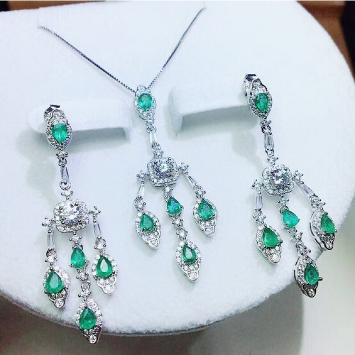 Natural Emerald Jewelry Set, Engagement Earrings, Emerald Silver Pendent, Woman Earring Pendant Necklace, Luxury Pendent, Pear Cut Stone | Save 33% - Rajasthan Living 8