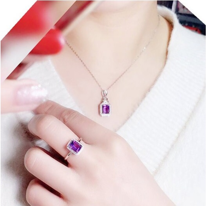 Natural Amethyst Jewellery Set , Engagement Pendent, Silver Amethyst Pendent, Woman Ring, Luxury Pendent, Emerald Cut Stone Pendent | Save 33% - Rajasthan Living 7