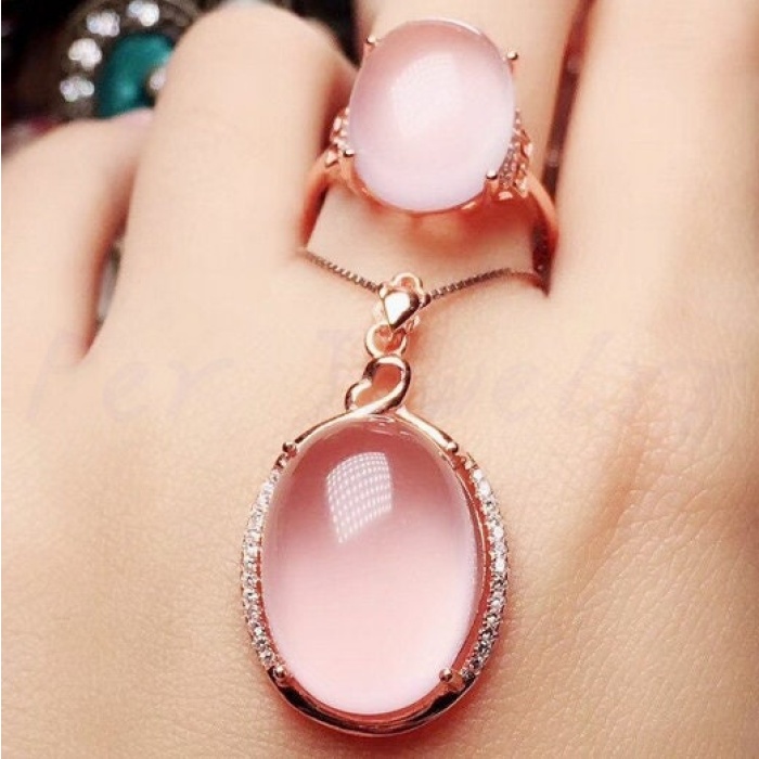 Natural Rose Quartz Jewelry Set, Engagement Ring, Rose Quartz Silver Pendent, Woman Pendant, Pendant Necklace, Luxury Ring, Oval Cabochon | Save 33% - Rajasthan Living 10