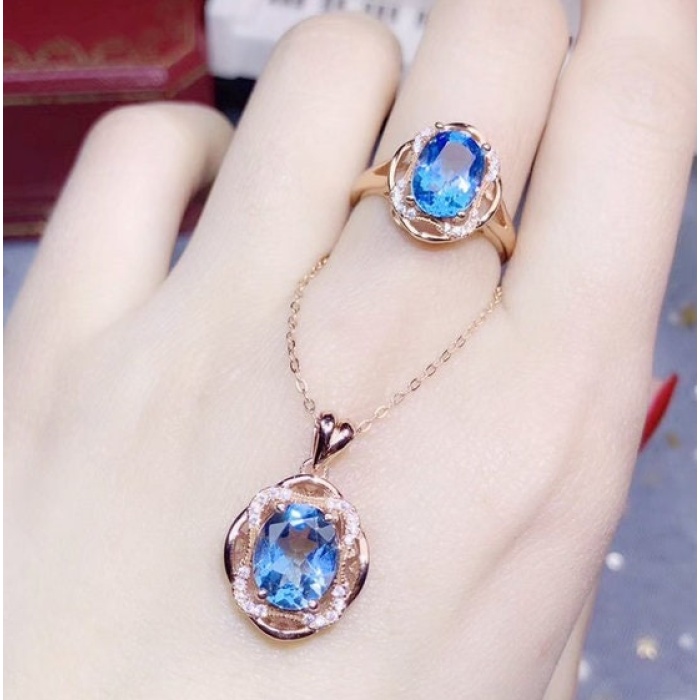 Natural Blue Topaz Jewelry Set, Engagement Ring, Blue Topaz Jewellery Set, Woman Pendant, Topaz Necklace, Luxury Pendant, Oval Cut Stone | Save 33% - Rajasthan Living 8