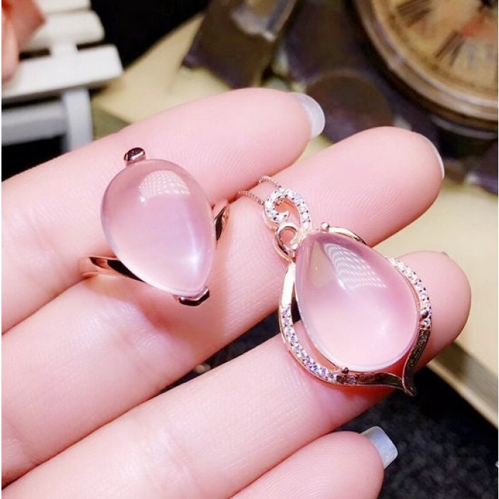 Natural Rose Quartz Jewelry Set, Engagement Ring, Rose Quartz Silver Pendent, Woman Pendant, Pendant Necklace, Luxury Ring, Pear Cabochon | Save 33% - Rajasthan Living 12