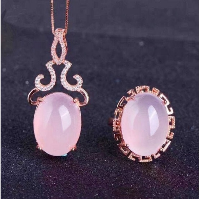 Natural Rose Quartz Jewelry Set, Engagement Ring, Rose Quartz Silver Pendent, Woman Pendant, Pendant Necklace, Luxury Ring, Oval Cabochon | Save 33% - Rajasthan Living 6