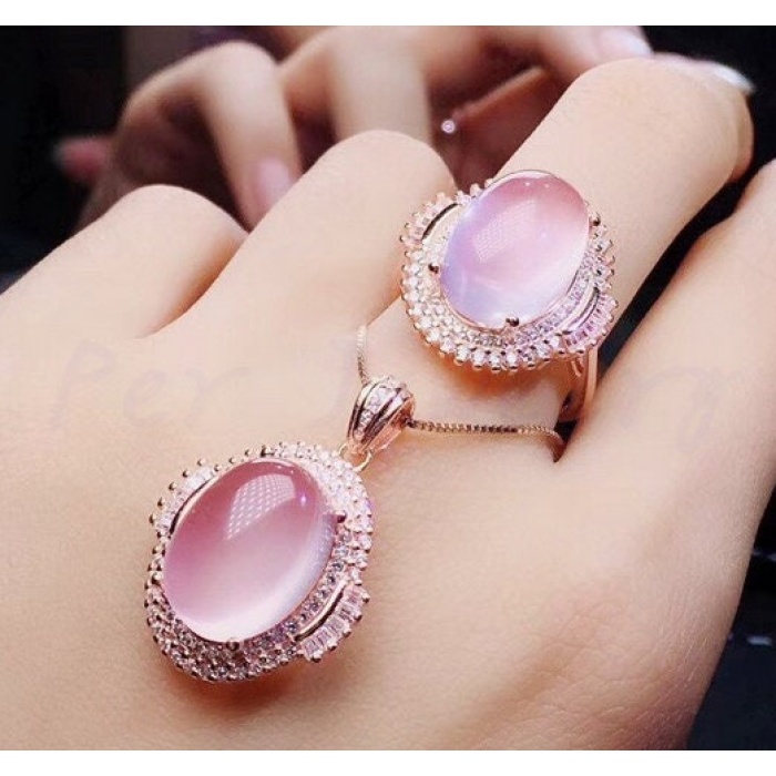 Natural Rose Quartz Jewelry Set, Engagement Ring, Rose Quartz Silver Pendent, Woman Pendant, Pendant Necklace, Luxury Ring, Oval Cabochon | Save 33% - Rajasthan Living 8