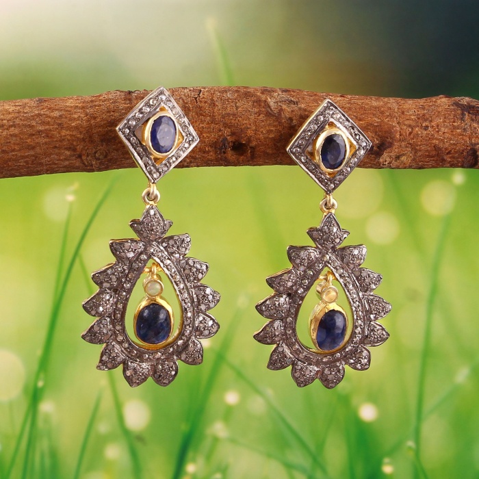 Natural Sapphire Victorian Earrings, Diamond Earrings, Drop Earrings, Vintage Earrings, Victorian Jewelry,Opal&Diamond Earrings,Gift For Her | Save 33% - Rajasthan Living 5