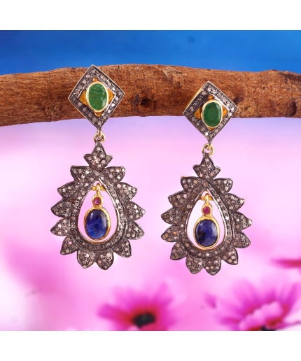Sapphire Victorian Earrings, Diamond Earrings, Drop Earrings, Vintage Earrings, Victorian Jewelry, Emerald & Diamond Earrings, Gift For Her | Save 33% - Rajasthan Living