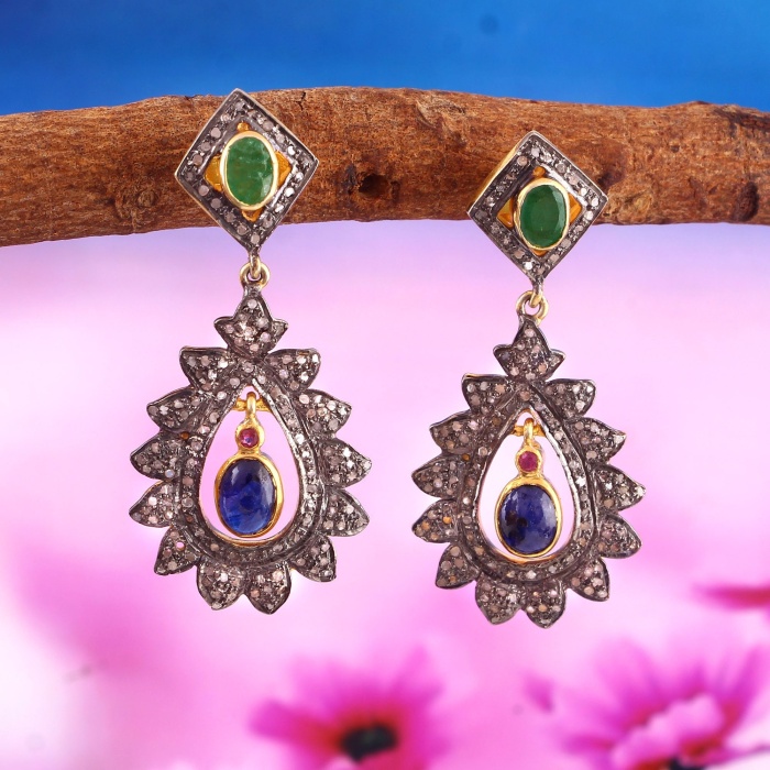 Sapphire Victorian Earrings, Diamond Earrings, Drop Earrings, Vintage Earrings, Victorian Jewelry, Emerald & Diamond Earrings, Gift For Her | Save 33% - Rajasthan Living 5