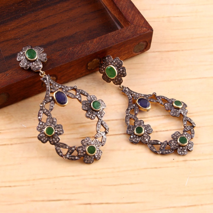 Emerald Victorian Earrings, Diamond Earrings, Drop Earrings, Vintage Earrings, Victorian Jewelry, Sapphire & Diamond Earrings, Gift For Her | Save 33% - Rajasthan Living 5
