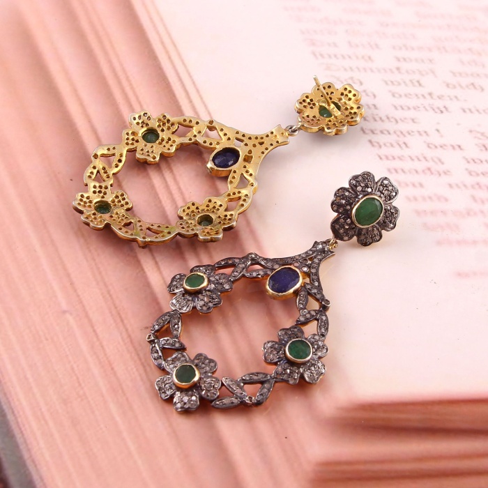 Emerald Victorian Earrings, Diamond Earrings, Drop Earrings, Vintage Earrings, Victorian Jewelry, Sapphire & Diamond Earrings, Gift For Her | Save 33% - Rajasthan Living 7