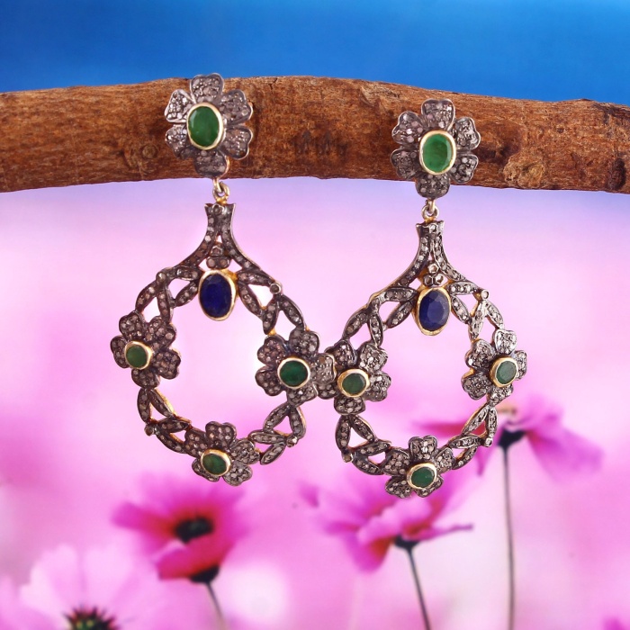Emerald Victorian Earrings, Diamond Earrings, Drop Earrings, Vintage Earrings, Victorian Jewelry, Sapphire & Diamond Earrings, Gift For Her | Save 33% - Rajasthan Living 6