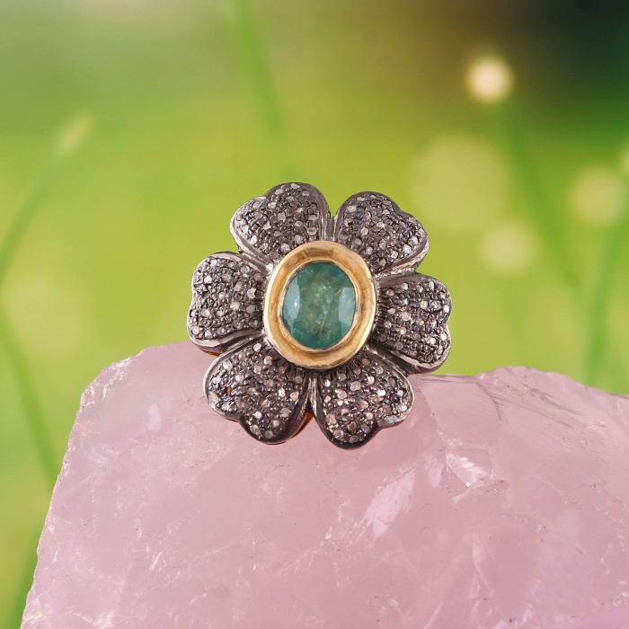 Natural Emerald Victorian Ring, Diamond Victorian Ring, Vintage Ring, 925 Sterling Silver Ring, Emerald & Diamond Ring, Luxury Ring | Save 33% - Rajasthan Living 5