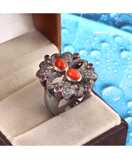 Natural Coral Victorian Ring, Diamond Victorian Ring, Vintage Ring, 925 Sterling Silver Ring, Ruby and Diamond Ring, Luxury Ring | Save 33% - Rajasthan Living 3