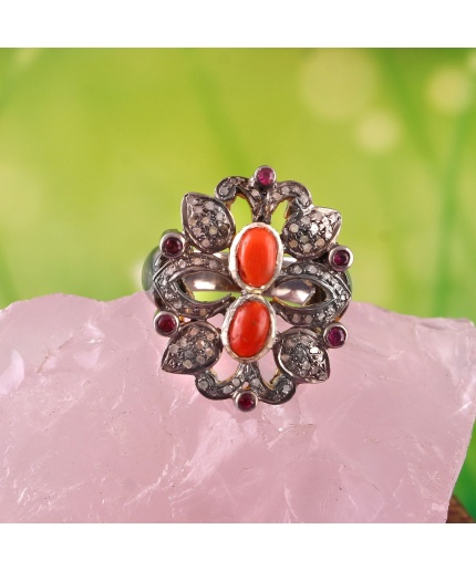 Natural Coral Victorian Ring, Diamond Victorian Ring, Vintage Ring, 925 Sterling Silver Ring, Ruby and Diamond Ring, Luxury Ring | Save 33% - Rajasthan Living