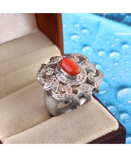 Natural Coral Victorian Ring, Diamond Victorian Ring, Vintage Ring, 925 Sterling Silver Ring, Coral and Diamond Ring, Luxury Ring | Save 33% - Rajasthan Living 3