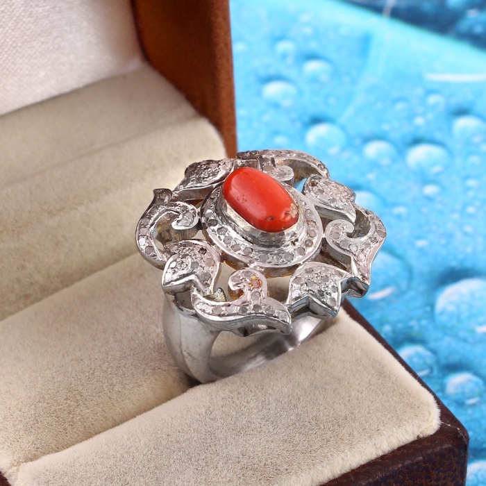 Natural Coral Victorian Ring, Diamond Victorian Ring, Vintage Ring, 925 Sterling Silver Ring, Coral and Diamond Ring, Luxury Ring | Save 33% - Rajasthan Living 6