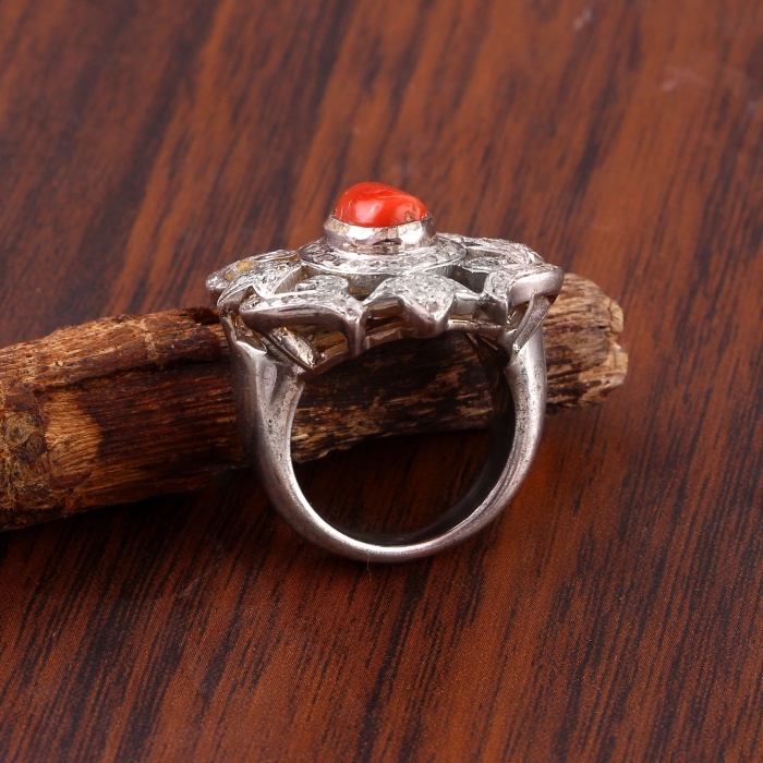 Natural Coral Victorian Ring, Diamond Victorian Ring, Vintage Ring, 925 Sterling Silver Ring, Coral and Diamond Ring, Luxury Ring | Save 33% - Rajasthan Living 7
