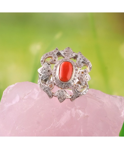 Natural Coral Victorian Ring, Diamond Victorian Ring, Vintage Ring, 925 Sterling Silver Ring, Coral and Diamond Ring, Luxury Ring | Save 33% - Rajasthan Living