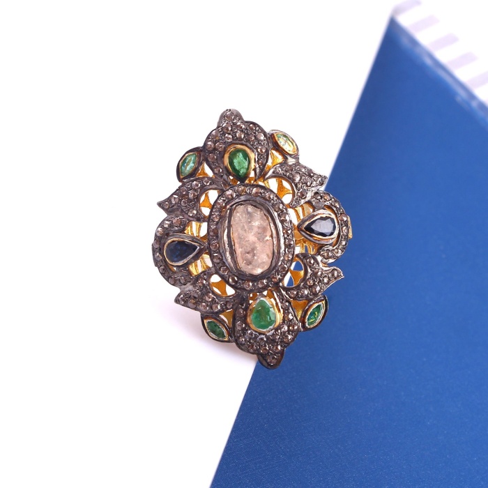 Diamond Victorian Ring, Vintage Ring, Victorian Jewelry, 925 Sterling Silver Ring, Sapphire, Emerald & Diamond Ring, Luxury Ring | Save 33% - Rajasthan Living 5
