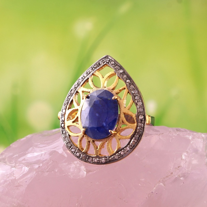 Sapphire Victorian Ring, Diamond Victorian Ring, Vintage Ring, Victorian Jewelry, 925 Sterling Silver Ring, Sapphire and Diamond Ring | Save 33% - Rajasthan Living 5