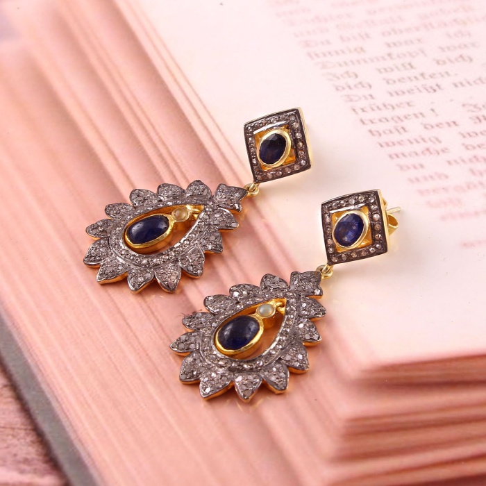 Natural Sapphire Victorian Earrings, Diamond Earrings, Drop Earrings, Vintage Earrings, Victorian Jewelry,Opal&Diamond Earrings,Gift For Her | Save 33% - Rajasthan Living 6