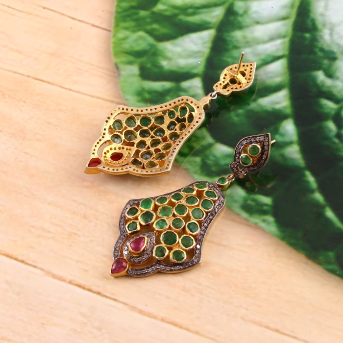 Emerald Victorian Earrings, Diamond Earrings, Drop Earrings, Vintage Earrings, Victorian Jewelry, Ruby & Diamond Earrings, Gift For Her | Save 33% - Rajasthan Living 7
