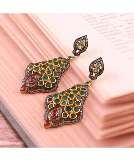 Emerald Victorian Earrings, Diamond Earrings, Drop Earrings, Vintage Earrings, Victorian Jewelry, Ruby & Diamond Earrings, Gift For Her | Save 33% - Rajasthan Living 3