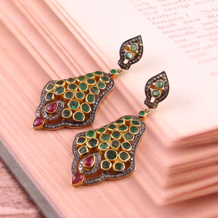 Emerald Victorian Earrings, Diamond Earrings, Drop Earrings, Vintage Earrings, Victorian Jewelry, Ruby & Diamond Earrings, Gift For Her | Save 33% - Rajasthan Living 6