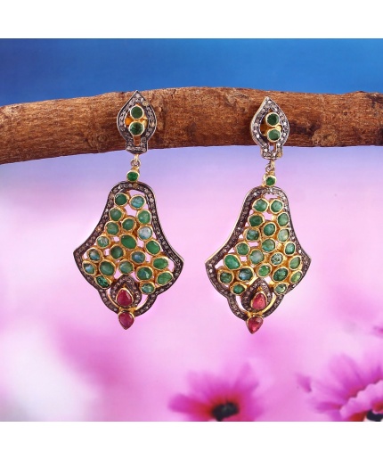 Emerald Victorian Earrings, Diamond Earrings, Drop Earrings, Vintage Earrings, Victorian Jewelry, Ruby & Diamond Earrings, Gift For Her | Save 33% - Rajasthan Living