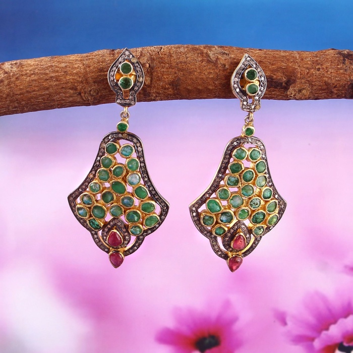 Emerald Victorian Earrings, Diamond Earrings, Drop Earrings, Vintage Earrings, Victorian Jewelry, Ruby & Diamond Earrings, Gift For Her | Save 33% - Rajasthan Living 5