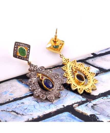 Sapphire Victorian Earrings, Diamond Earrings, Drop Earrings, Vintage Earrings, Victorian Jewelry, Emerald & Diamond Earrings, Gift For Her | Save 33% - Rajasthan Living 3