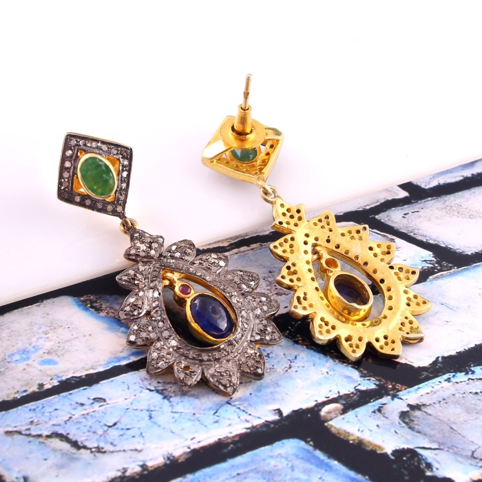 Sapphire Victorian Earrings, Diamond Earrings, Drop Earrings, Vintage Earrings, Victorian Jewelry, Emerald & Diamond Earrings, Gift For Her | Save 33% - Rajasthan Living 6