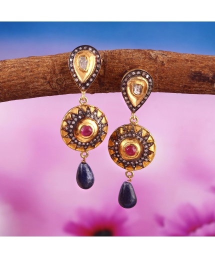 Sapphire Victorian Earrings, Diamond Earrings, Drop Earrings, Vintage Earrings, Victorian Jewelry, Ruby & Diamond Earrings, Gift For Her | Save 33% - Rajasthan Living