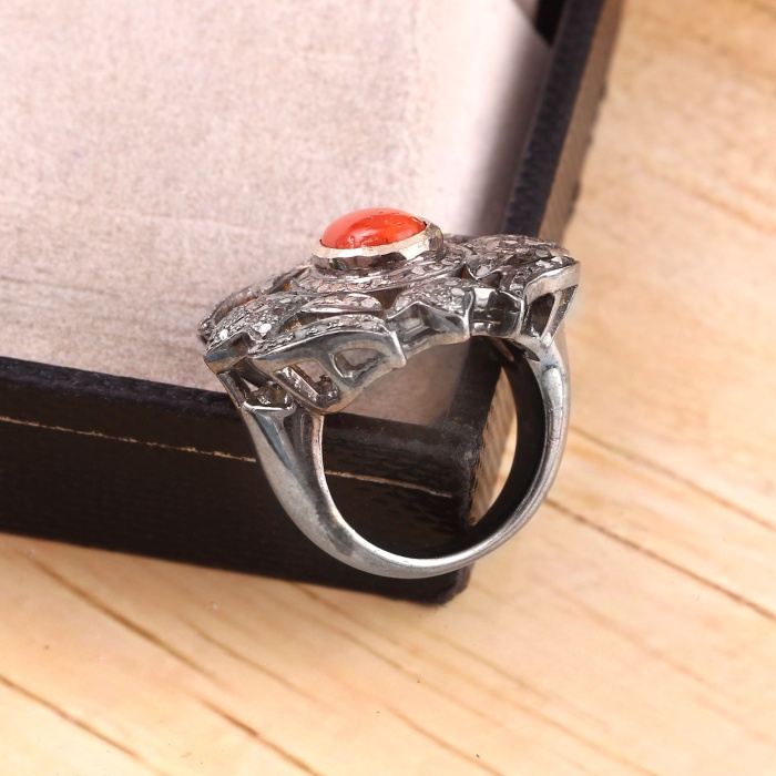 Natural Coral Victorian Ring, Diamond Victorian Ring, Vintage Ring, 925 Sterling Silver Ring, Coral and Diamond Ring, Luxury Ring | Save 33% - Rajasthan Living 7