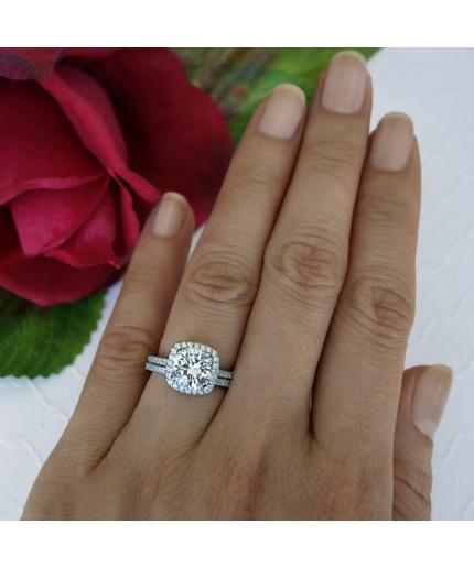 2.5ct White Round Diamond Bridal Set Engagement Ring Solid 925 Sterling Silver Wedding Ring Set With Bands Set Round Cut Cushion Square Halo | Save 33% - Rajasthan Living 3