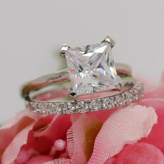 Princess Cut Diamond Bridal Ring Set Solitaire Wedding Luxury Princess CZ Engagement Ring Set Eternity Band Stacking Ring Set Gift for Her | Save 33% - Rajasthan Living 8