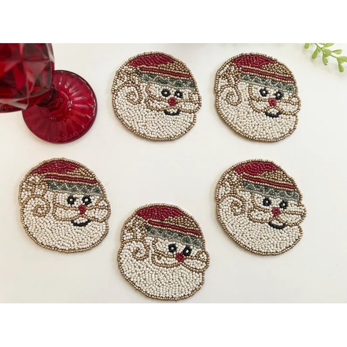 Set of 6 Christmas Santa coasters, drink beaded coasters, gift for her, housewarming gif | Save 33% - Rajasthan Living 5