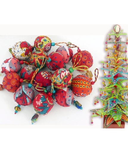 CHRISTMAS wreath large fabric balls hand made oink and multicolored with wooden and glass beads | Save 33% - Rajasthan Living