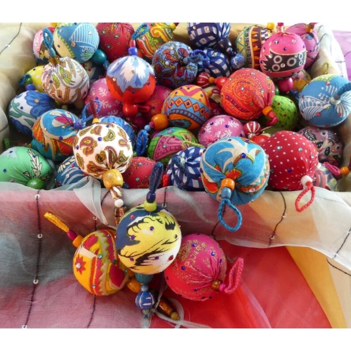 CHRISTMAS wreath large fabric balls hand made oink and multicolored with wooden and glass beads | Save 33% - Rajasthan Living 9