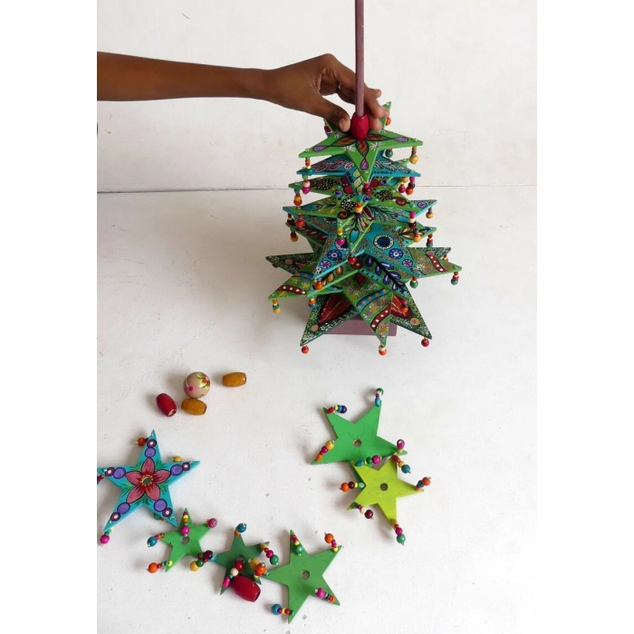 Christmas tree in round cut wood painted green and multicolored removable and reassembled at will | Save 33% - Rajasthan Living 12