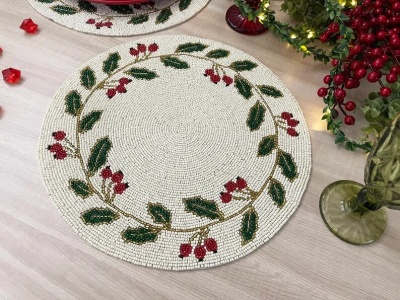 Christmas Special beaded placemat, 14 inch, gifts, holly berry design | Save 33% - Rajasthan Living 13