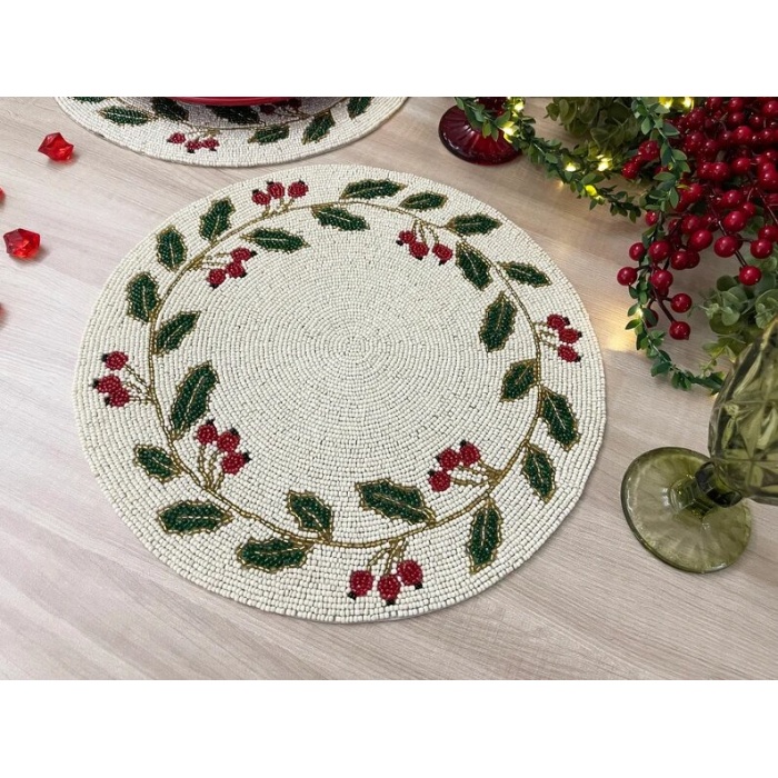 Christmas Special beaded placemat, 14 inch, gifts, holly berry design | Save 33% - Rajasthan Living 5