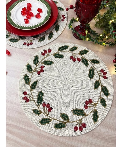 Christmas Special beaded placemat, 14 inch, gifts, holly berry design | Save 33% - Rajasthan Living 3