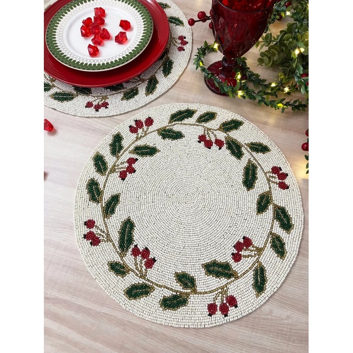 Christmas Special beaded placemat, 14 inch, gifts, holly berry design | Save 33% - Rajasthan Living 6