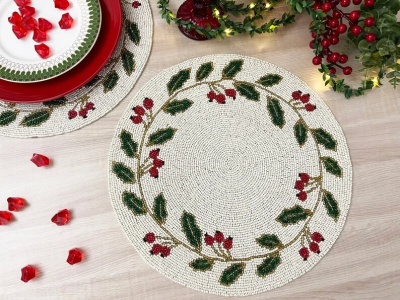 Christmas Special beaded placemat, 14 inch, gifts, holly berry design | Save 33% - Rajasthan Living 15