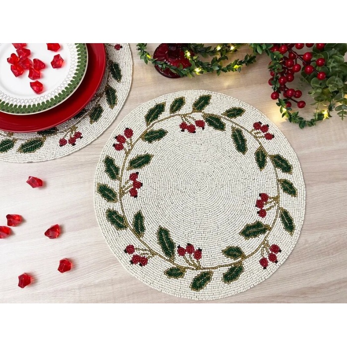 Christmas Special beaded placemat, 14 inch, gifts, holly berry design | Save 33% - Rajasthan Living 7