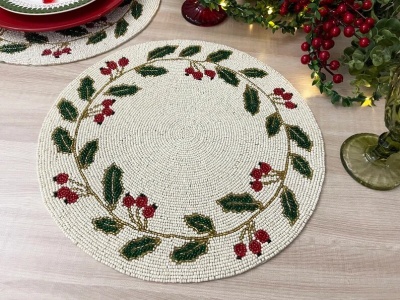 Christmas Special beaded placemat, 14 inch, gifts, holly berry design | Save 33% - Rajasthan Living 16
